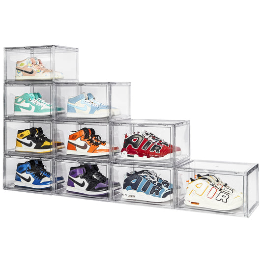 Shoe Storage - 3 Pack Plastic Shoe Storage Boxes - Clear Shoe Storage Boxes Stackable - Magnetic Side Opening Shoe Storage Organizer - Space-Saving Stackable Shoe Boxes - Black