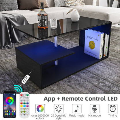 High Gloss Coffee Table with Open Shelf LED Lights Smart APP Control White Center Sofa End Table S Shaped Modern Cocktail Tables with for Living Room
